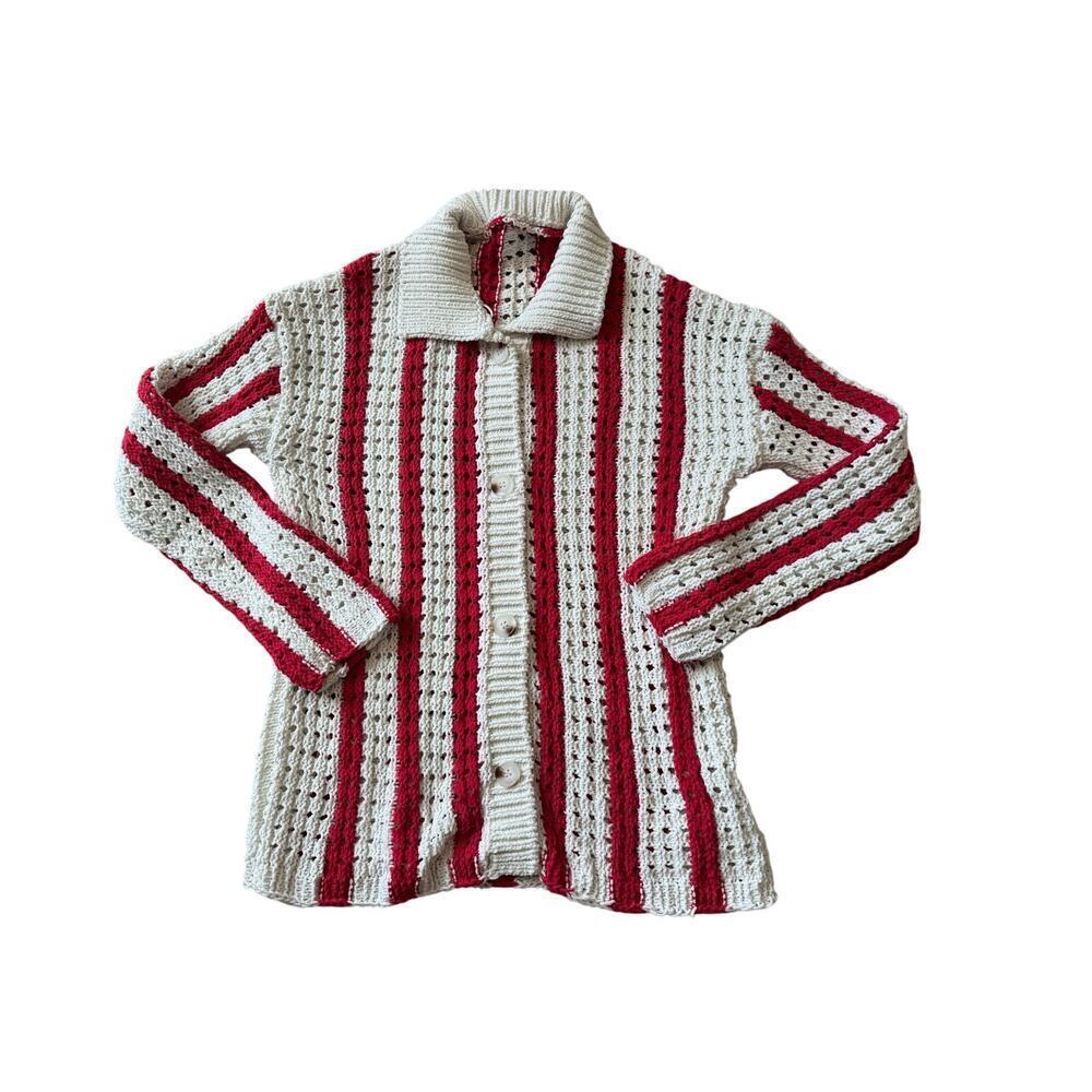 Women's Loosely hand knitted sweater, Wool/Acrylic blend; size L/XL, Red & White